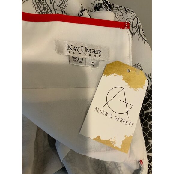 Kay Unger Black & White Floral Geometric Halter Dress W/ Red Piping, Size 12 - Picture 8 of 8